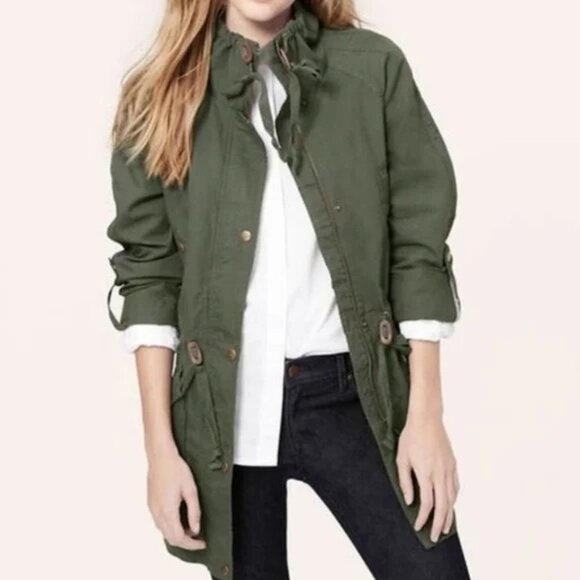 Ann Taylor Loft Women's Olive Green Cotton Linen Anorak Utility Jacket Sz L 2211 - Picture 1 of 14